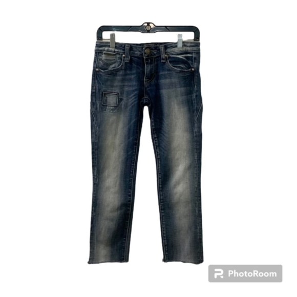 Rerock for Express Womens Blue Patched Denim Frayed Hem Skinny Capri Jeans Sz 0 - Picture 2 of 11